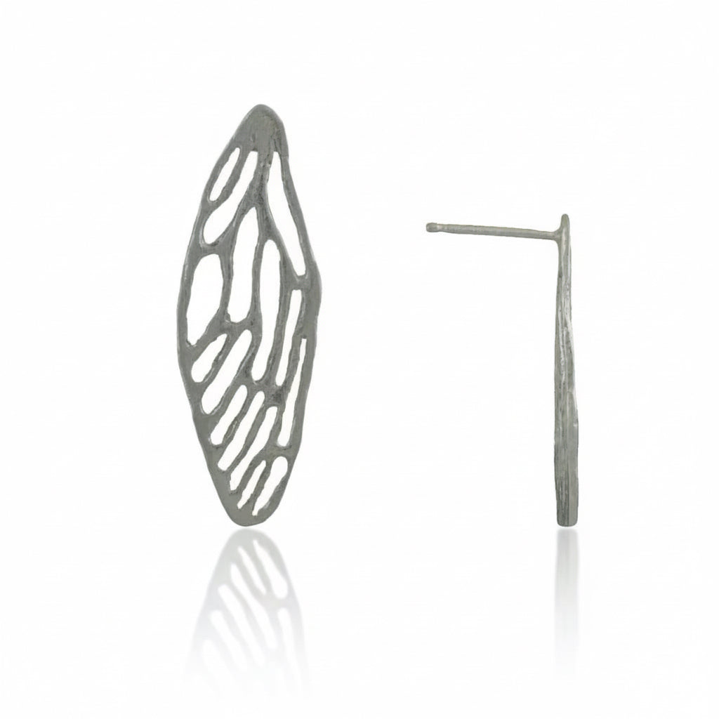 Front and side views of sterling silver Medium Cicada Wing Earrings highlighting their openwork wing design and straight earring posts.