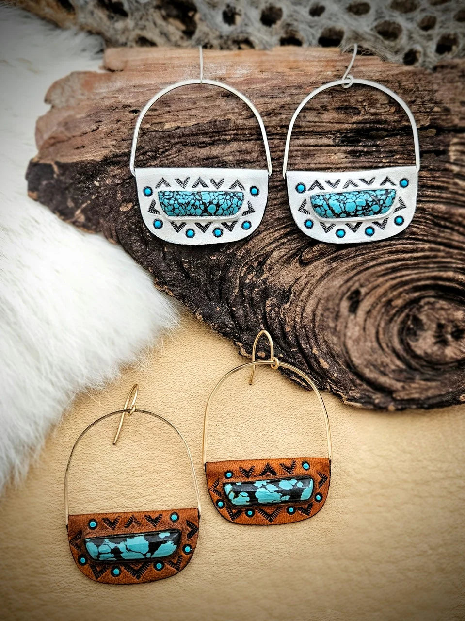 Hubei Turquoise Shield Hoop Earrings - Hand Tooled Leather & Sterling Silver