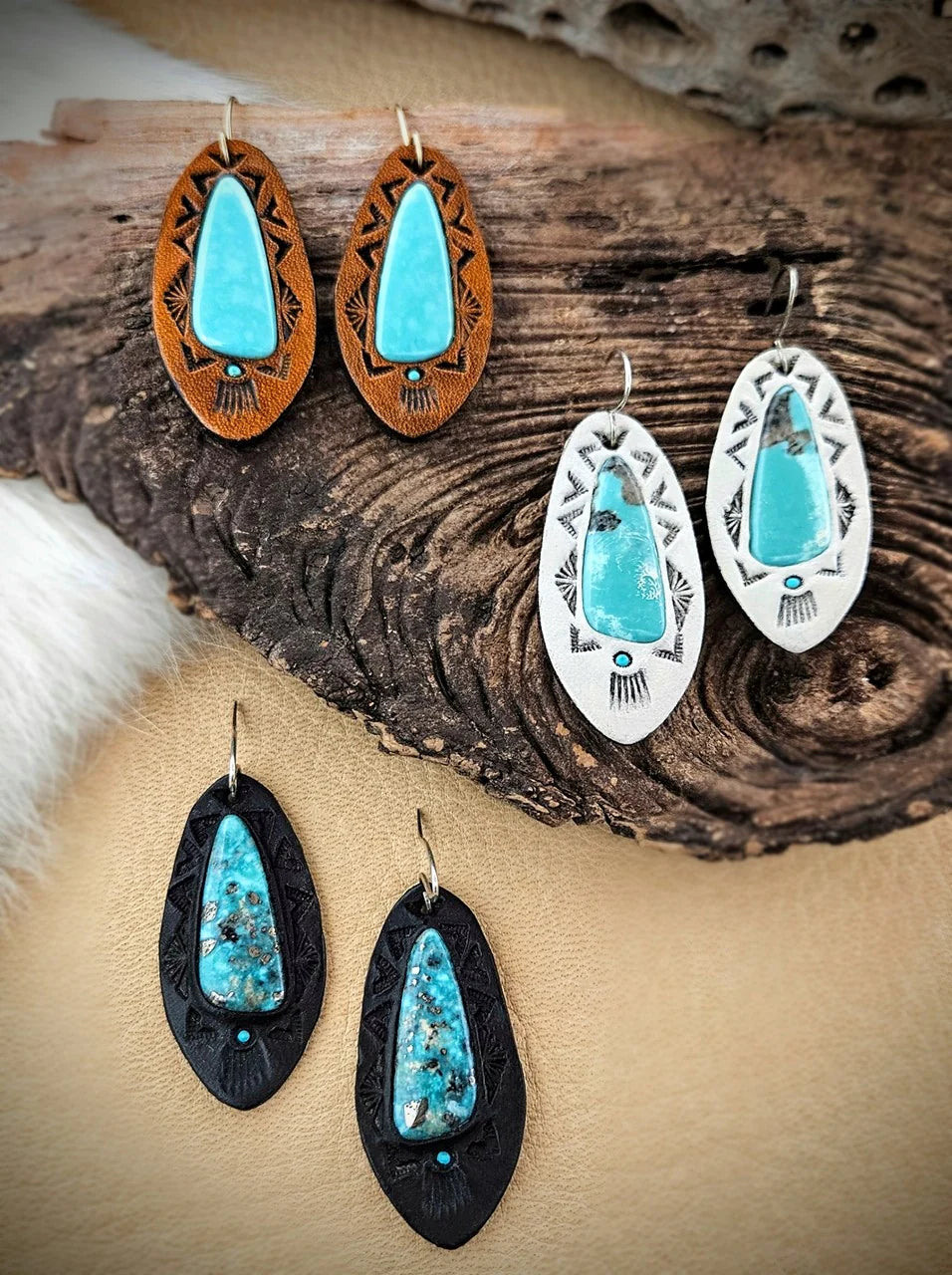 Campitos Turquoise Drop Earrings - Hand Painted Leather & Sterling Silver