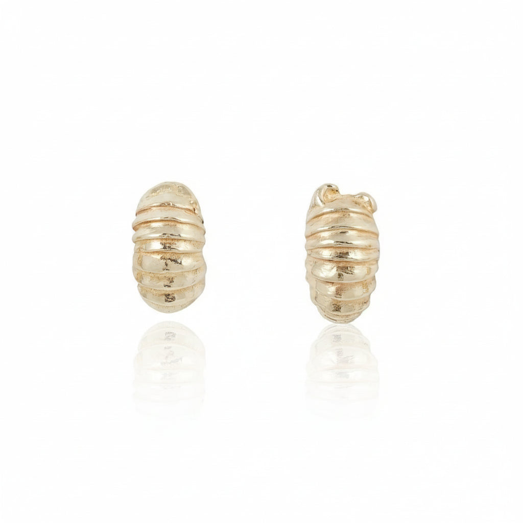 Detailed front view of the Roly Poly Stud Earrings in 14k yellow gold, showcasing their symmetrical rounded forms and hand-carved segmented texture.