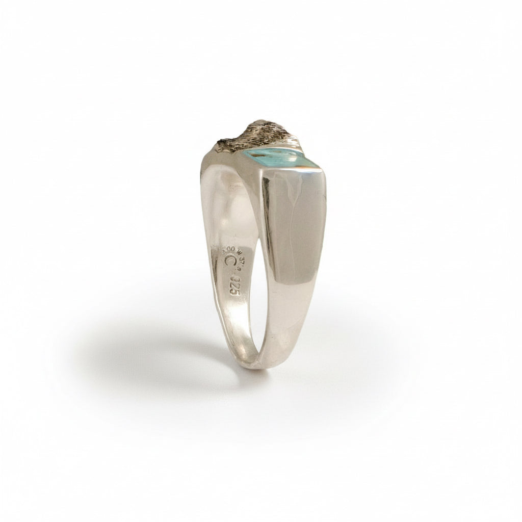Side view of the Sandia Sideways sterling silver ring showing the sculptural band and turquoise inlay.