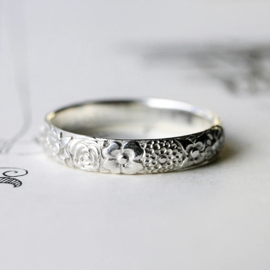 Secret Garden Band Ring - Hand Engraved Sterling Silver Floral Band
