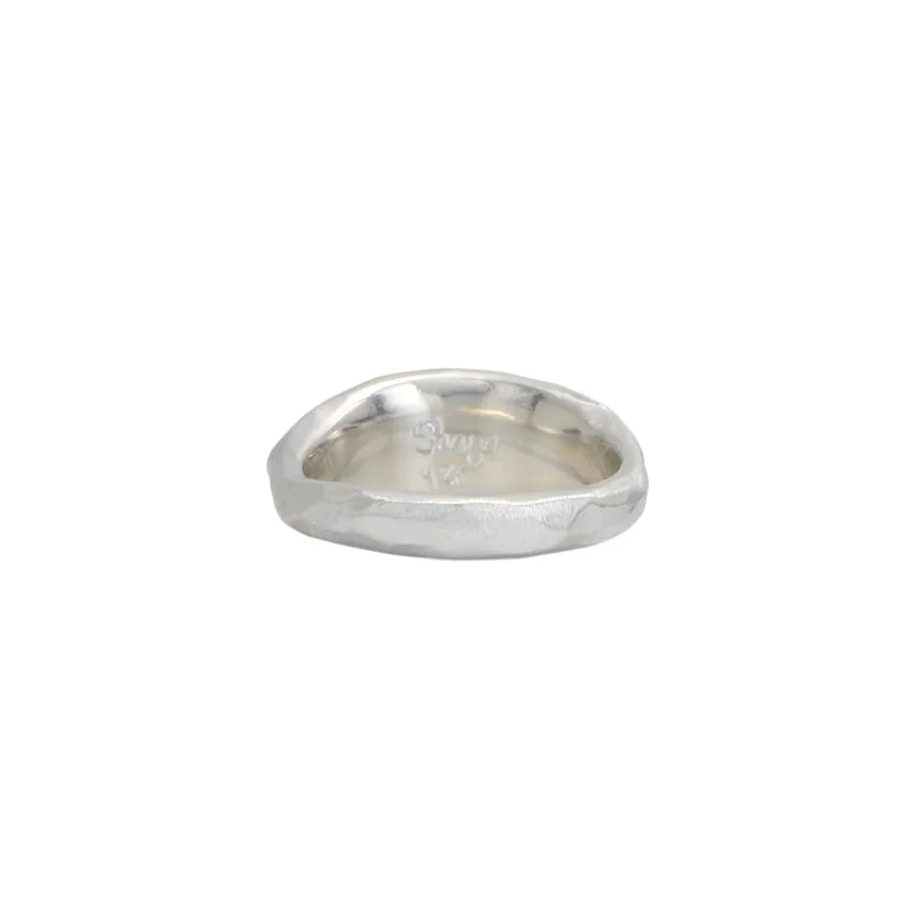Top view of the Carved Marquise Signet Ring by Shaya Durbin showing its elongated oval face, softly irregular edges and textured sterling silver finish.