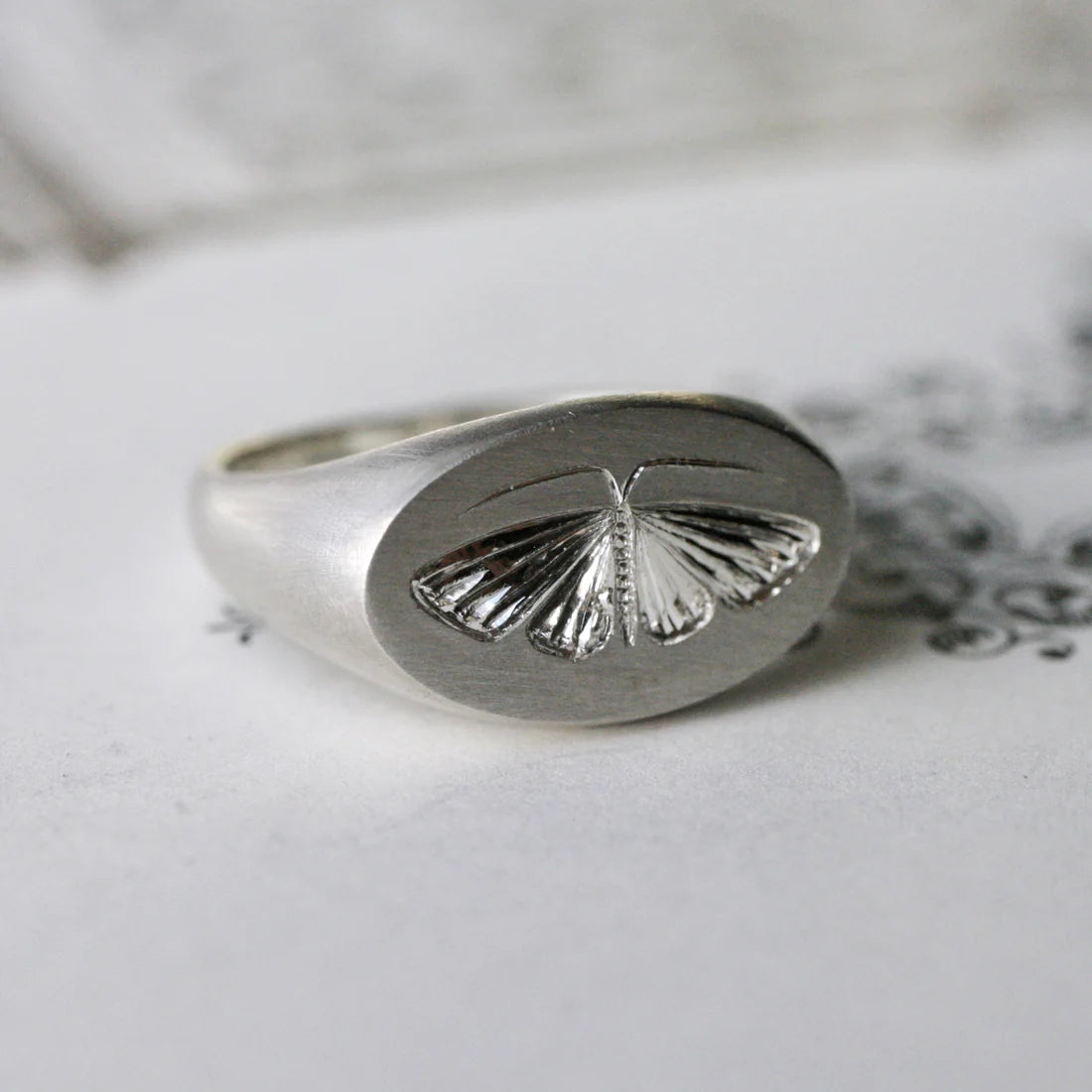 House Moth Signet Ring in Sterling Silver or 14k Gold