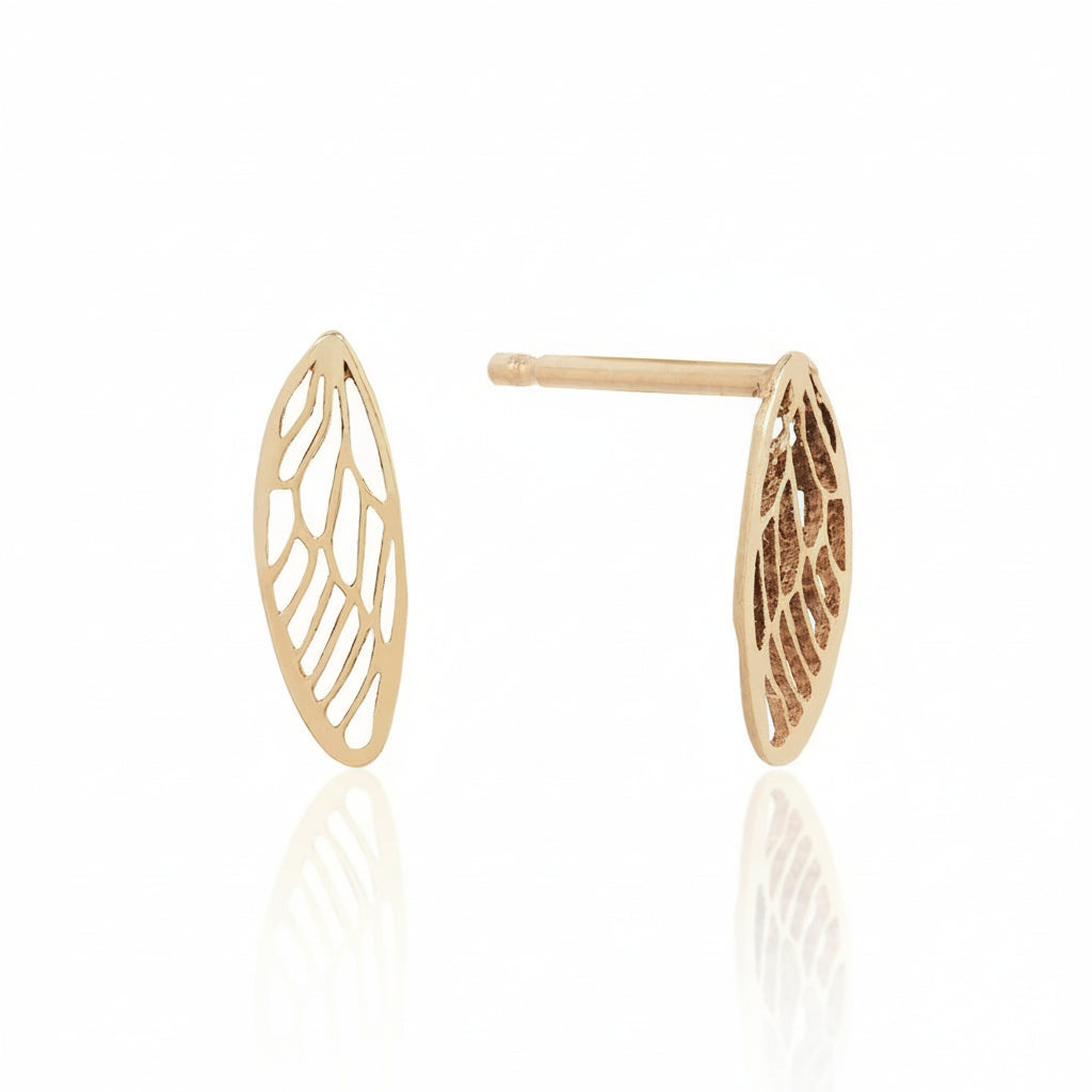 Side and back view of the 14k yellow gold Smallest Cicada Wing Stud Earrings, showing their intricate openwork wing design, delicate 9mm size, and friction posts.
