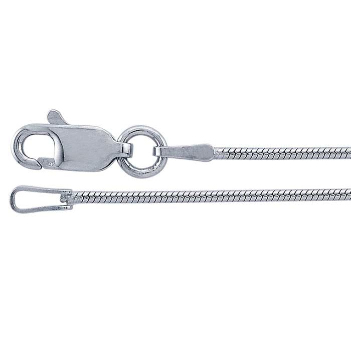 Close-up of Teko Gallery's oxidized sterling silver snake chain showing its darkened finish, smooth flexible links and lobster clasp closure against white.
