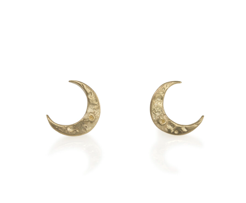 Tiny Crescent Moon Stud - 14k Yellow Gold Hand-Carved Earrings