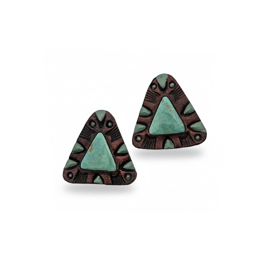 Handcrafted triangular Tyrone turquoise stud earrings by Kelly Horrigan Handmade, featuring natural turquoise stones set in hand-tooled brown leather with sterling silver posts.