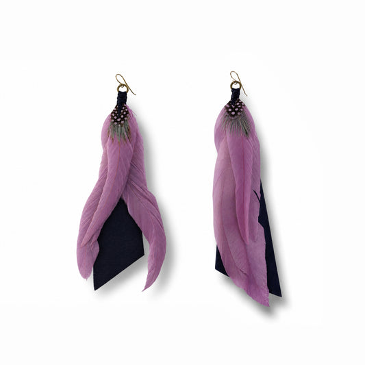 Lavender Feather Drop Earrings - Repurposed Leather