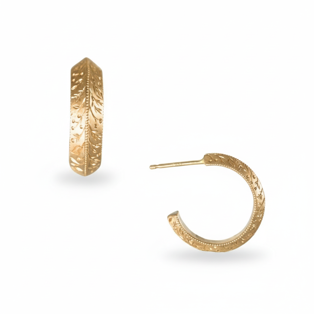 Hand-engraved 14k gold floral hoop earring shown from side and open view on a white background.