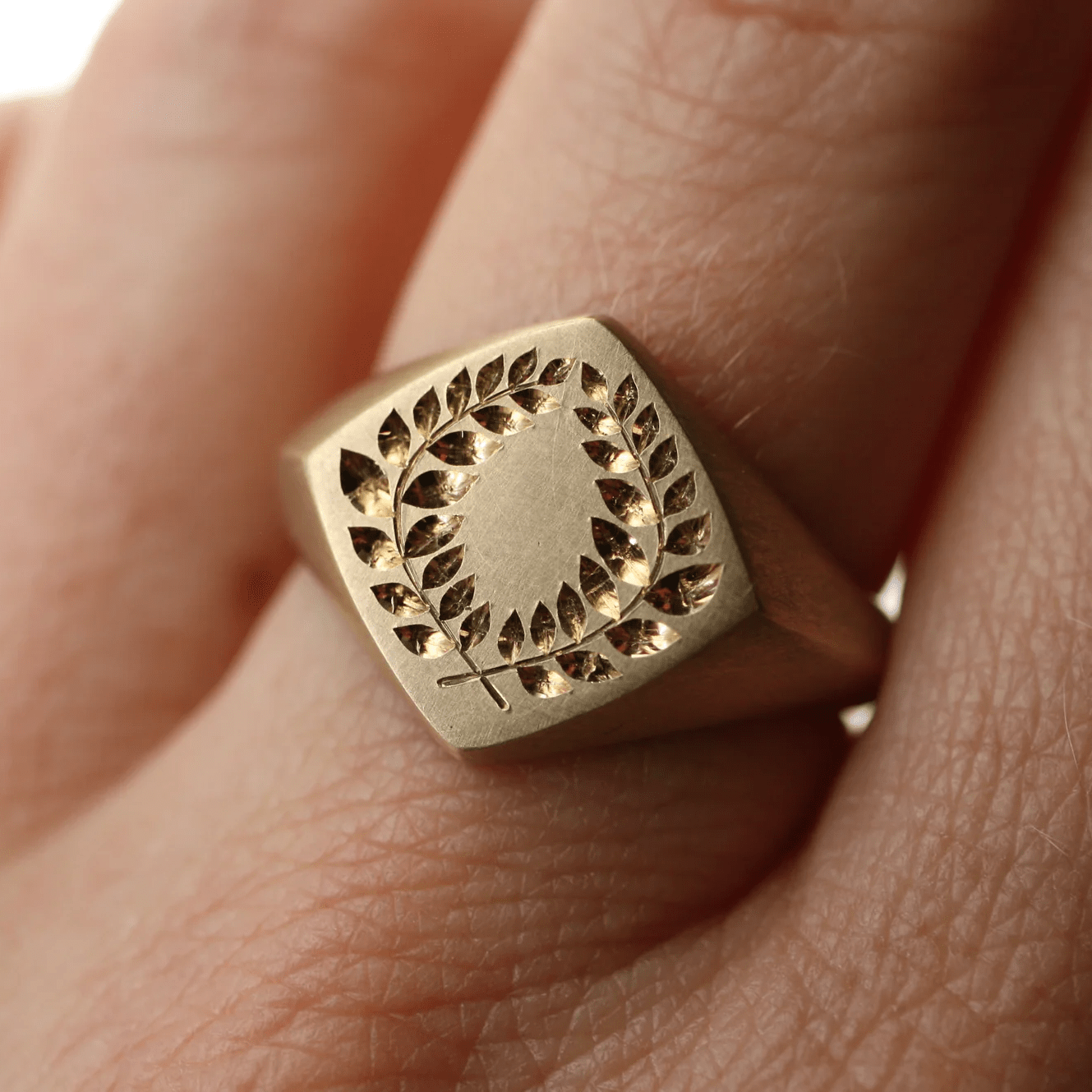 14k gold laurel square signet ring worn on hand – engraved gold ring with laurel motif