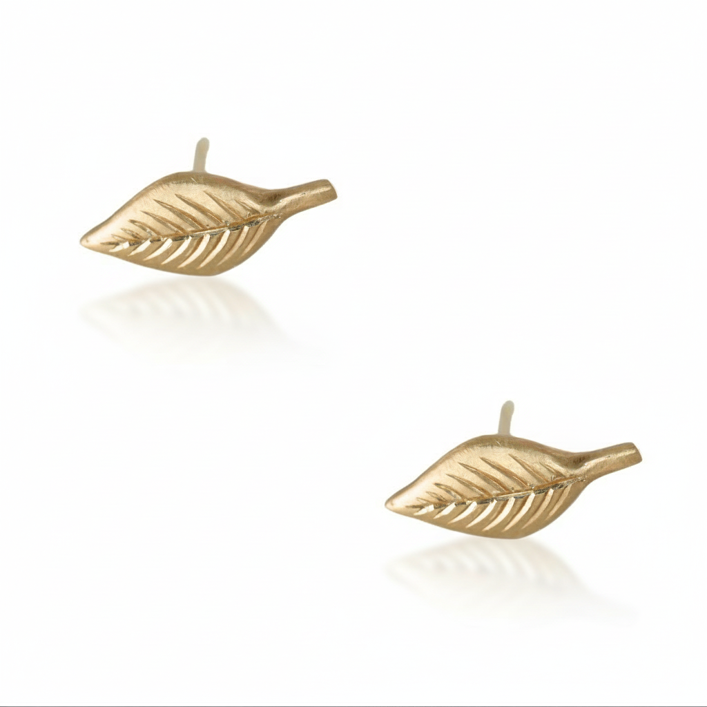 14k gold leaf-shaped stud earrings displayed on a white background.