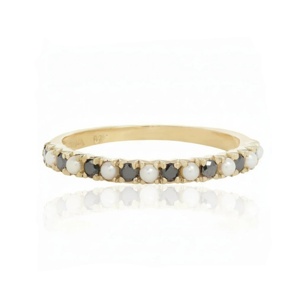 14k gold half eternity ring with pearls and black diamonds