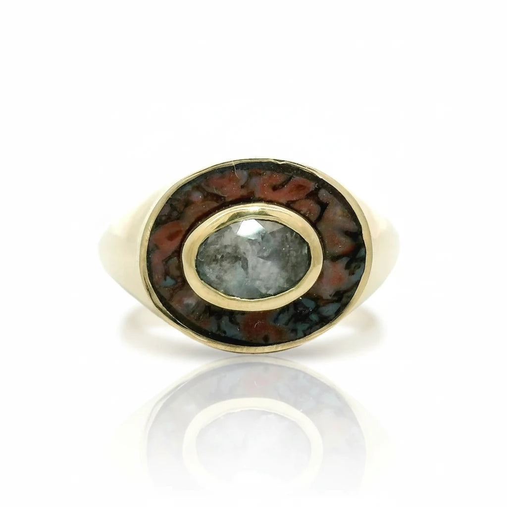 The Anoitecer signet ring - 14k gold Dinosaur Bone & Montana Sapphire