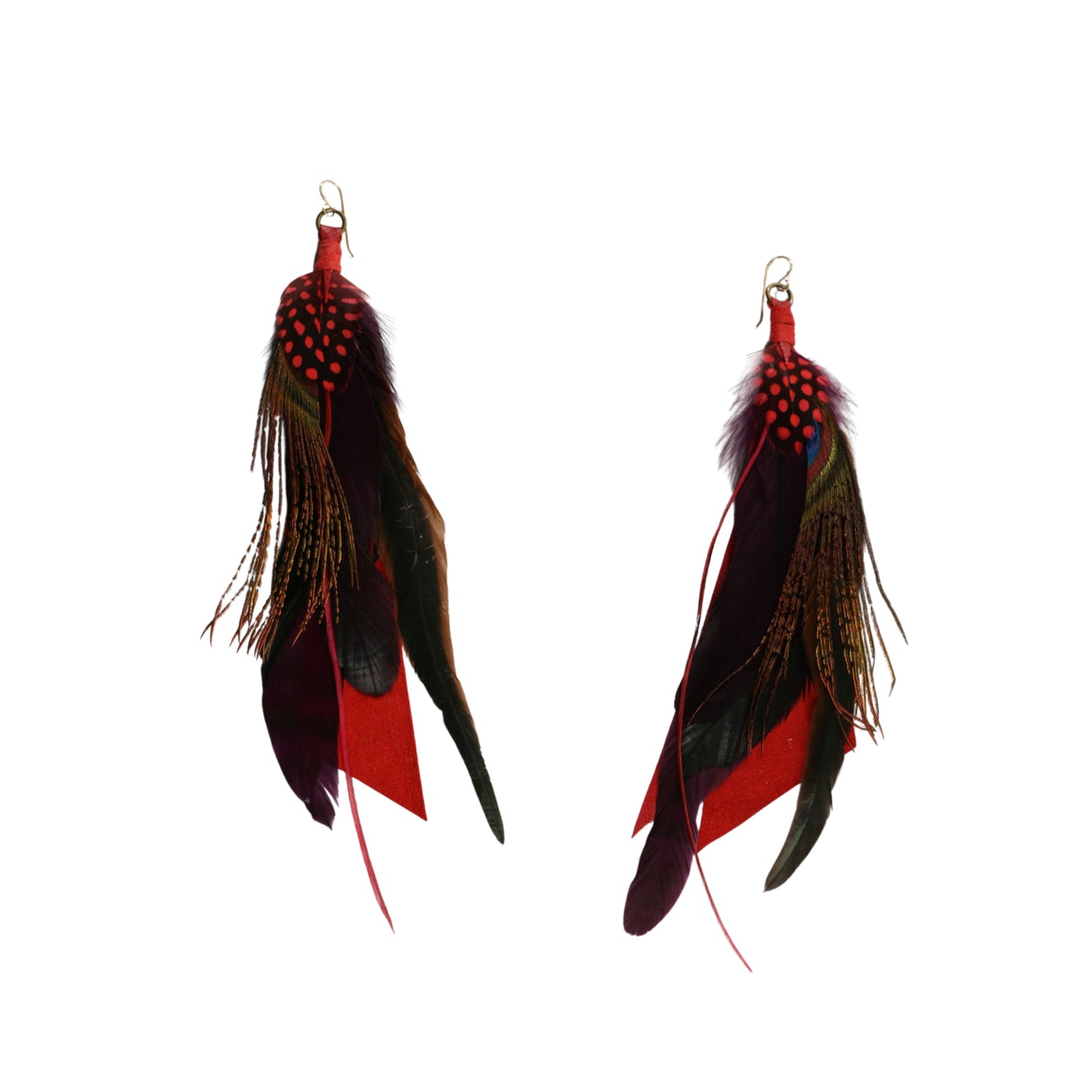 Red Feather Drop Earrings - Repurposed Leather & 14k Gold Fill