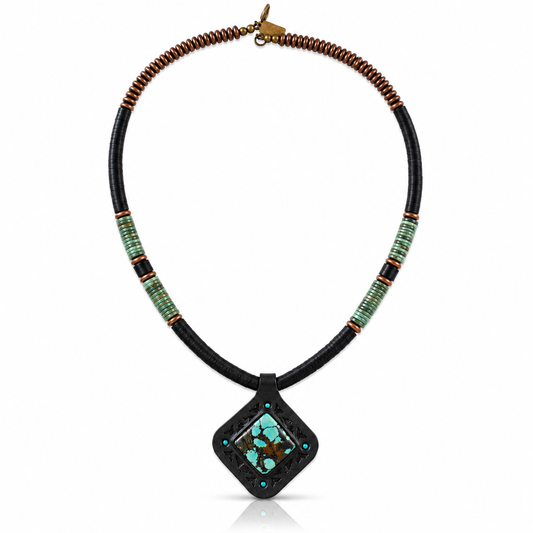 Hubei Turquoise Beaded Necklace – Black Leather Pendant