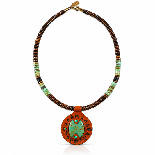 Hubei Turquoise Beaded Necklace – Brown Leather Pendant