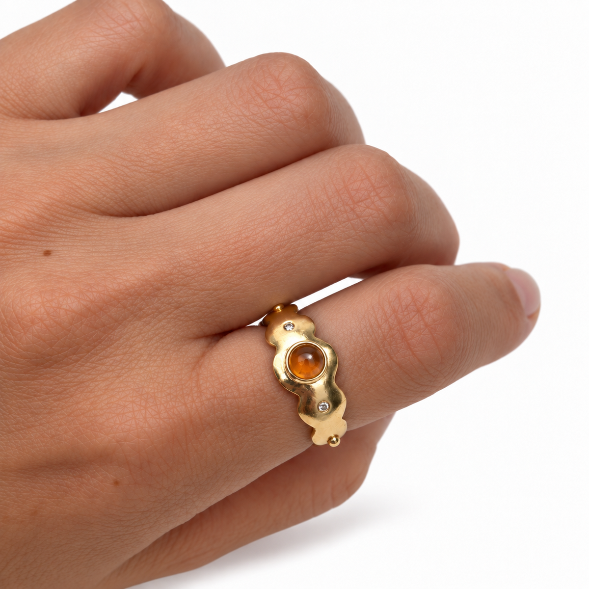 Citrine & Champagne Diamond Scallop Ring - 14k Gold