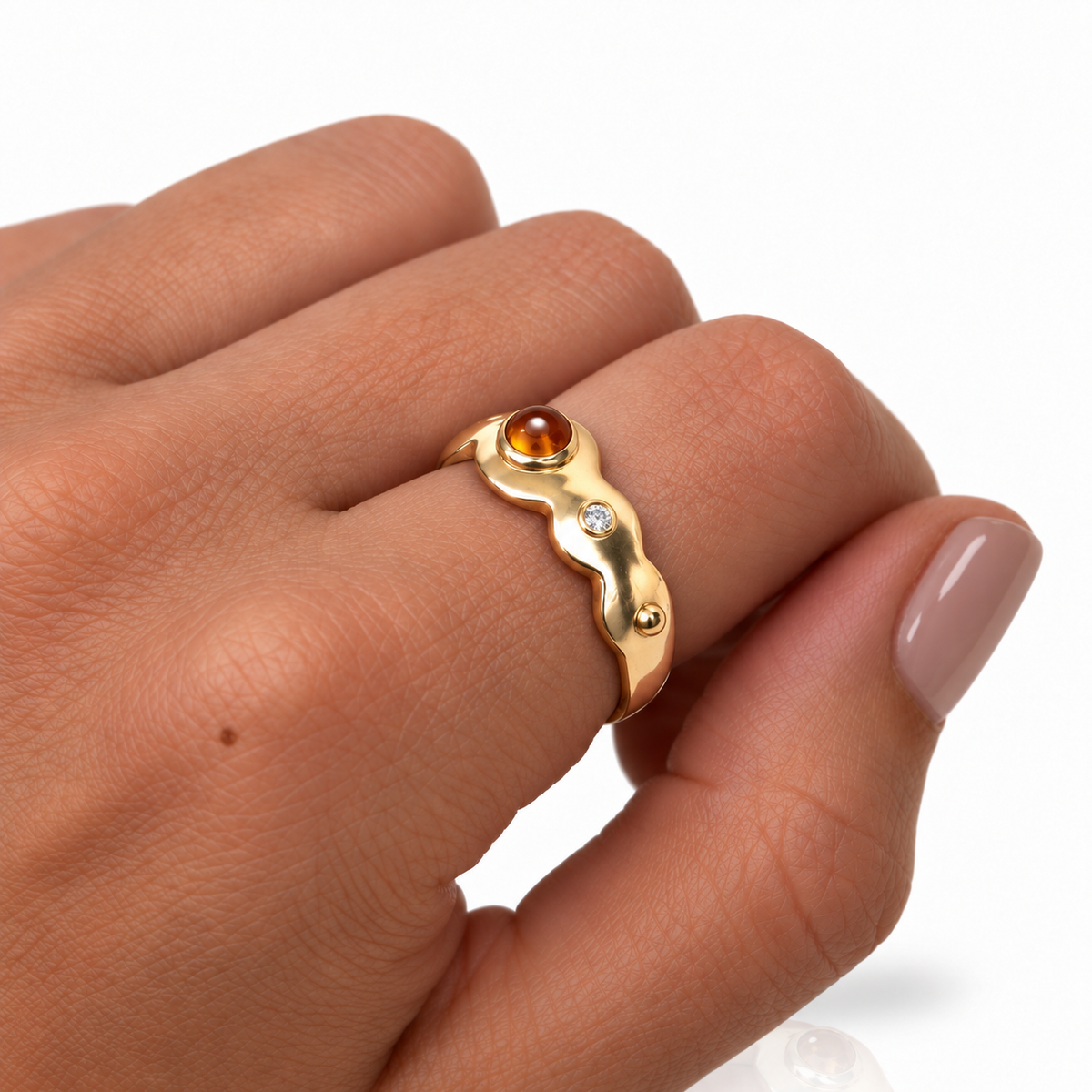 Citrine & Champagne Diamond Scallop Ring - 14k Gold