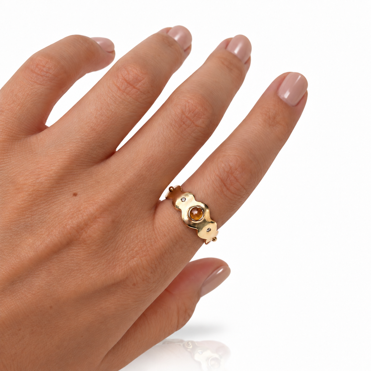 Citrine & Champagne Diamond Scallop Ring - 14k Gold
