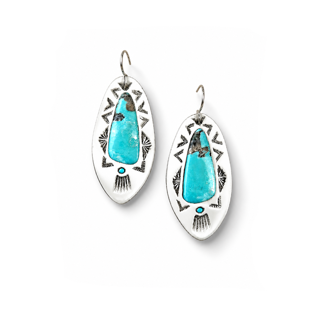 Campitos Turquoise Drop Earrings - Hand Painted Leather & Sterling Silver