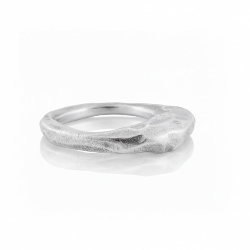 Silver ring with a textured surface on a white background