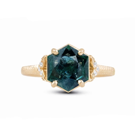 Sway Hexagon Sapphire Ring - 14k Yellow Gold Blue-Green Sapphire Engagement Ring