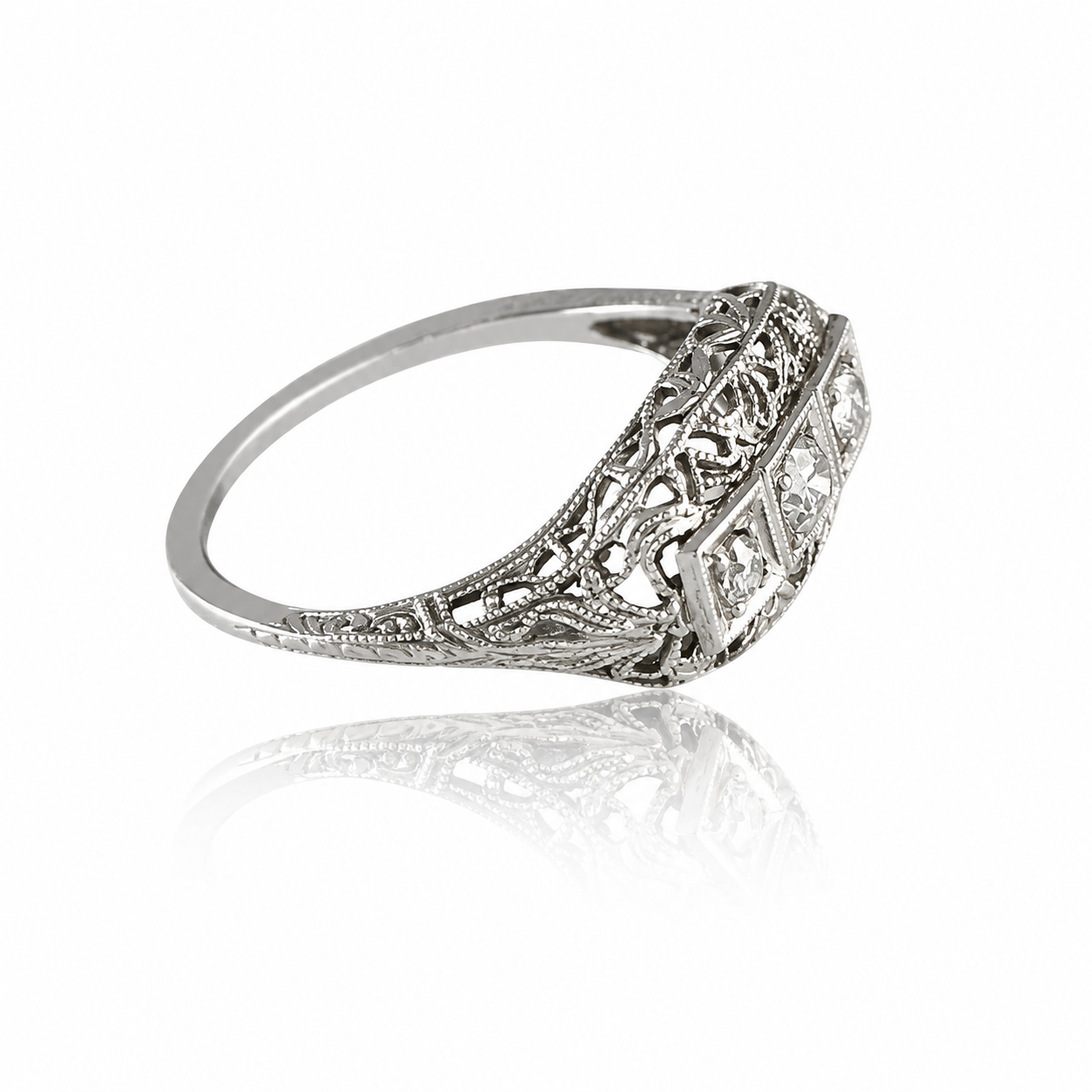Art Deco Three Stone Diamond Ring - Vintage 18K White Gold Antique Milgrain Ring - 0.18ct Old Cut Diamonds