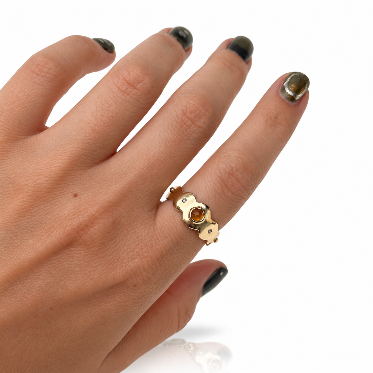 Citrine & Champagne Diamond Scallop Ring - 14k Gold