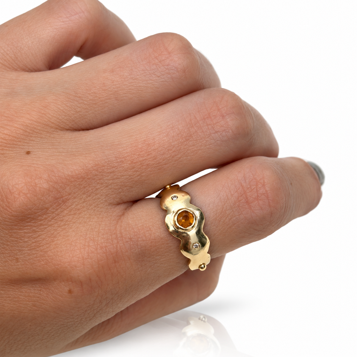 Citrine & Champagne Diamond Scallop Ring - 14k Gold