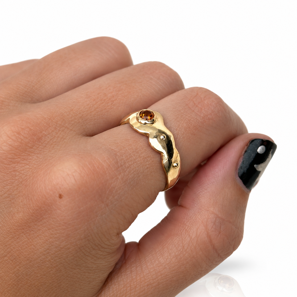 Citrine & Champagne Diamond Scallop Ring - 14k Gold