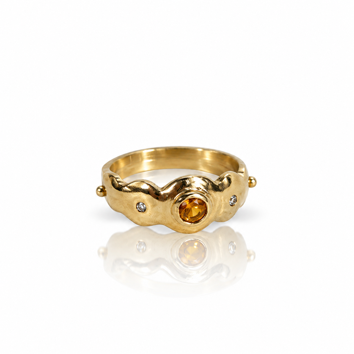 Citrine & Champagne Diamond Scallop Ring - 14k Gold