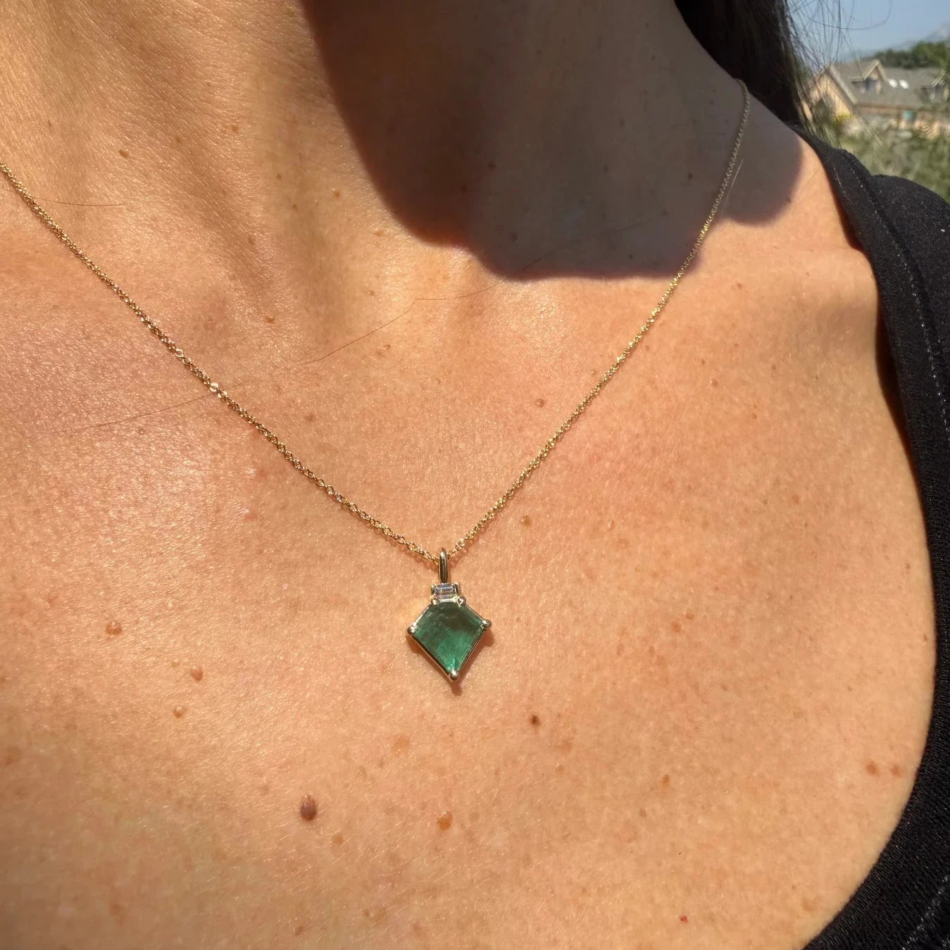 Emerald Kite & Diamond Pendant - 14k Gold