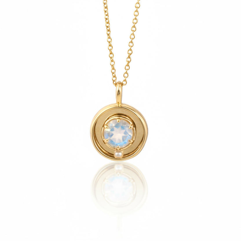 Kinetic Pearl & Rainbow Moonstone Pendant - 14K Gold