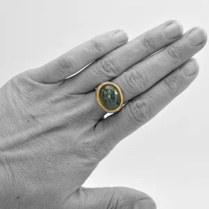 Teal Tourmaline Cabochon Ring - Sterling Silver & 22k Gold