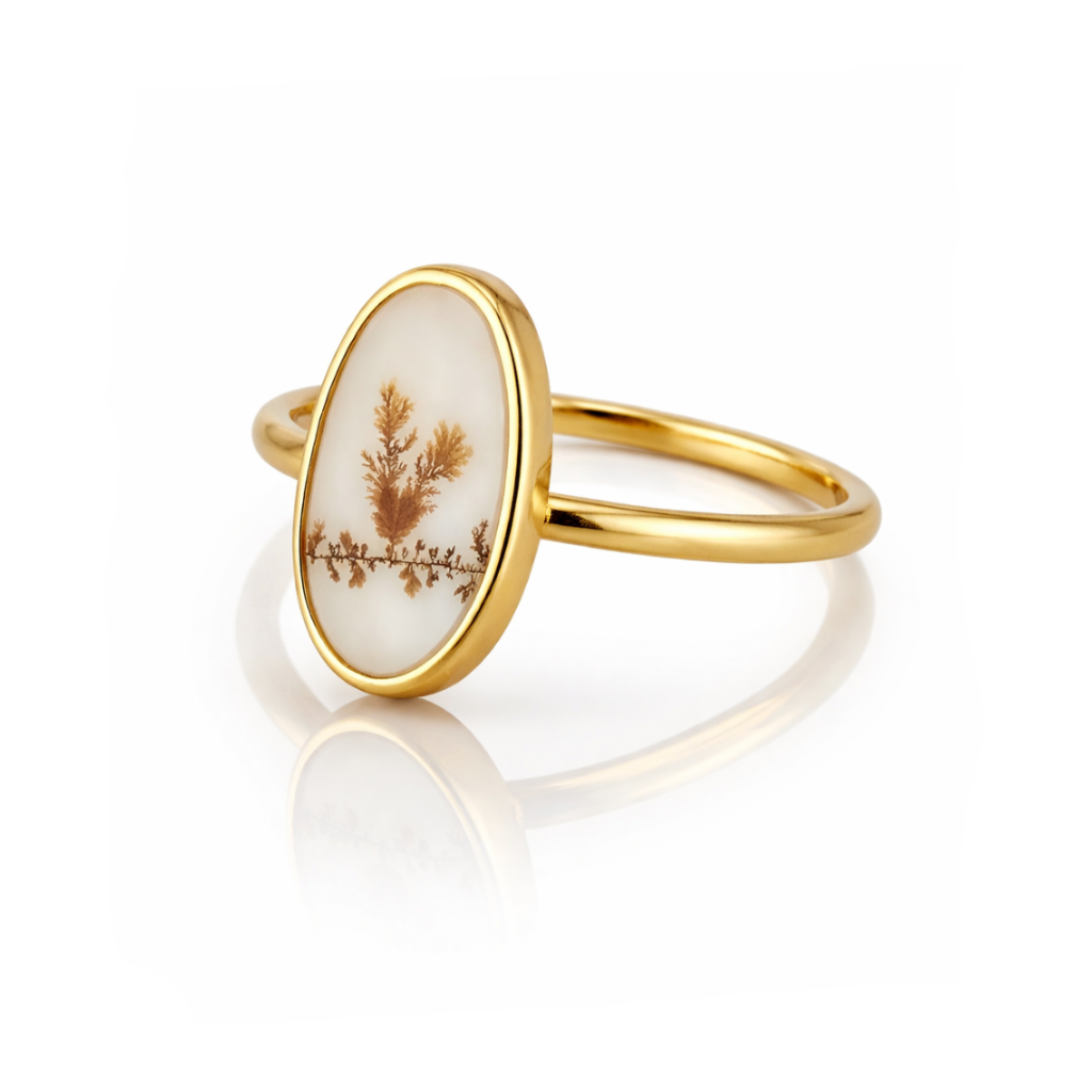 Dendritic Agate Oval Bezel Ring - 18k Gold