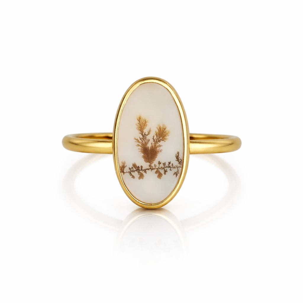 Dendritic Agate Oval Bezel Ring - 18k Gold