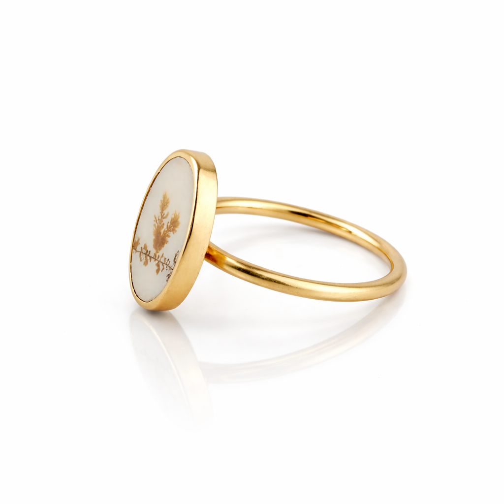 Dendritic Agate Oval Bezel Ring - 18k Gold