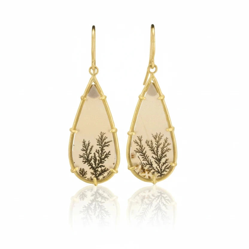 Dendritic Agate Pear Drop Earrings - 18k Gold