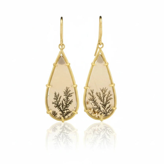 Dendritic Agate Pear Drop Earrings - 18k Gold