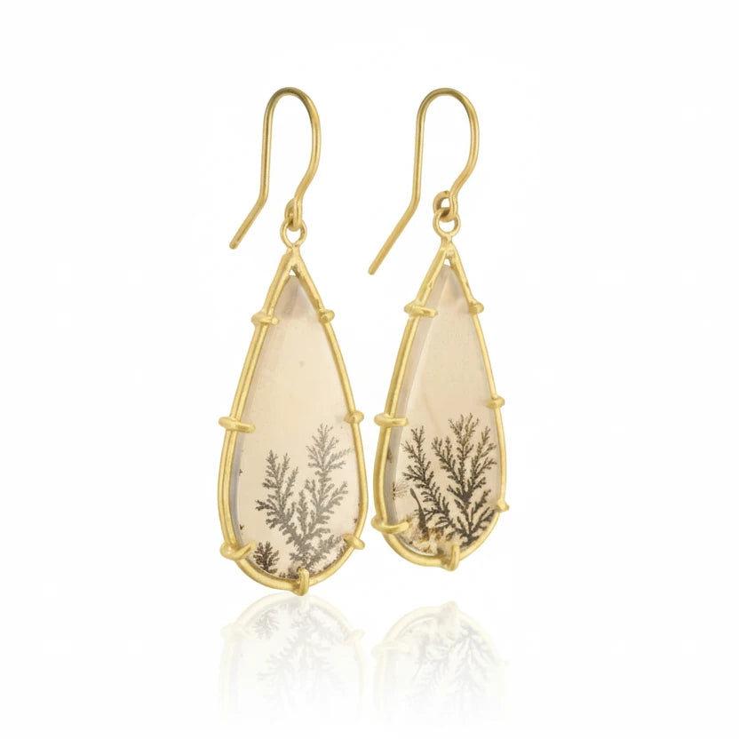 Dendritic Agate Pear Drop Earrings - 18k Gold