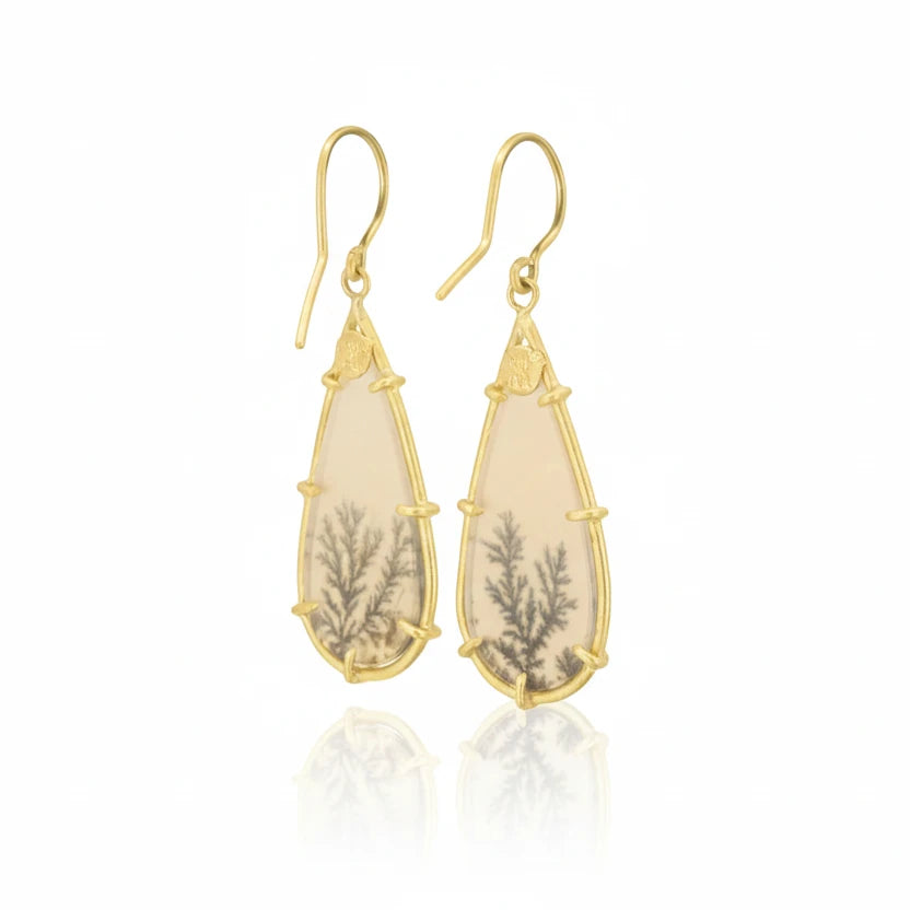 Dendritic Agate Pear Drop Earrings - 18k Gold