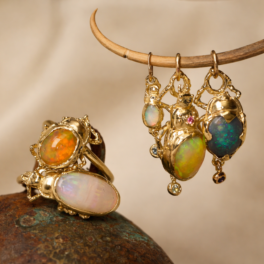 Desert Opal Beetle Ring - 14k Gold