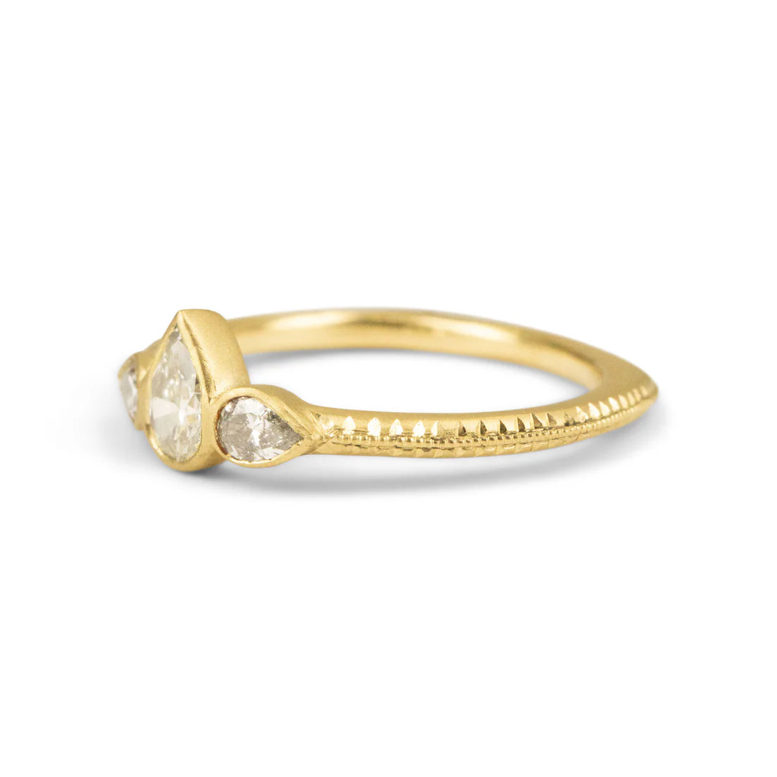 Diamond Pear Trio Engraved Bezel Ring - 18k Gold