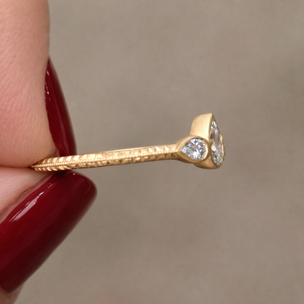 Diamond Pear Trio Engraved Bezel Ring - 18k Gold