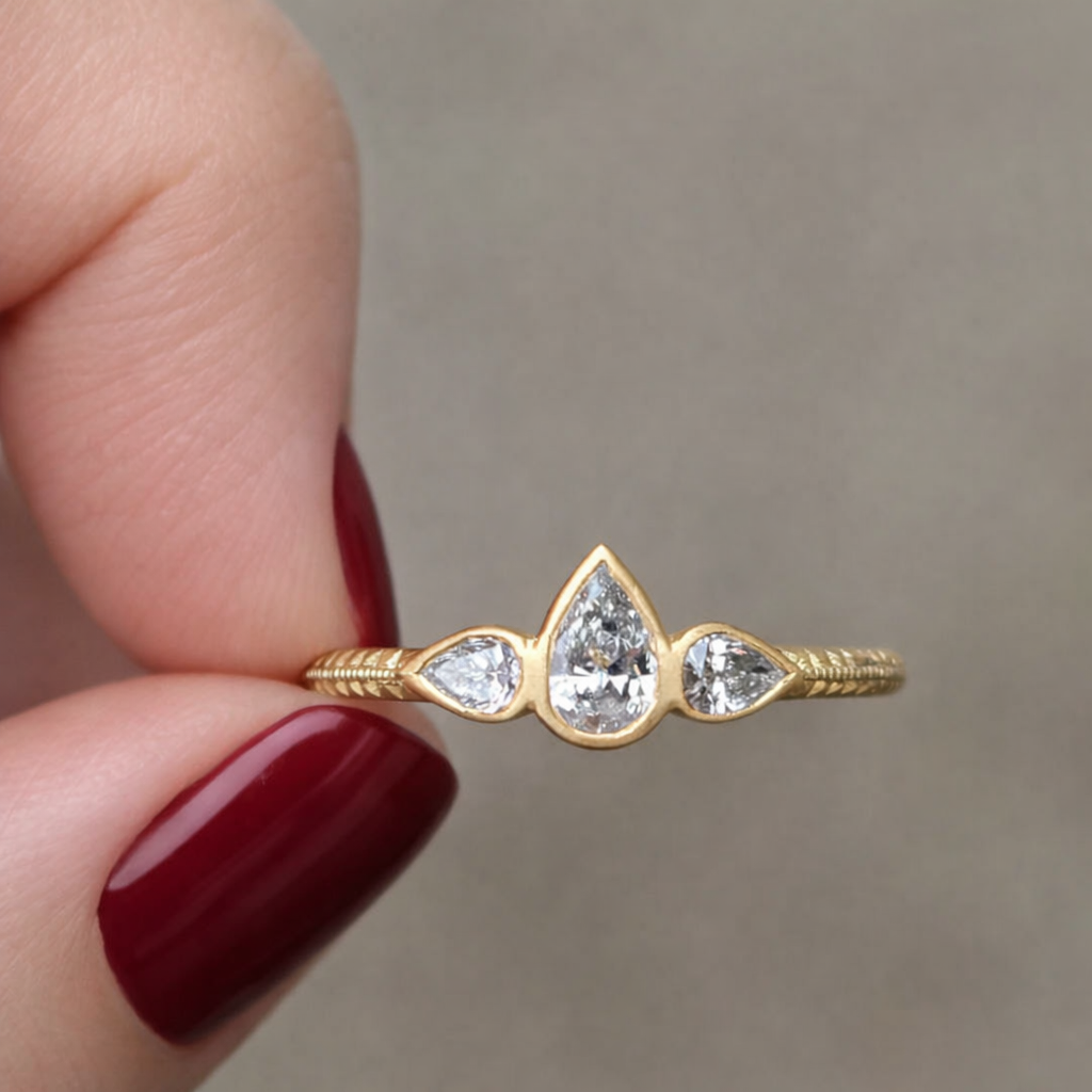 Diamond Pear Trio Engraved Bezel Ring - 18k Gold