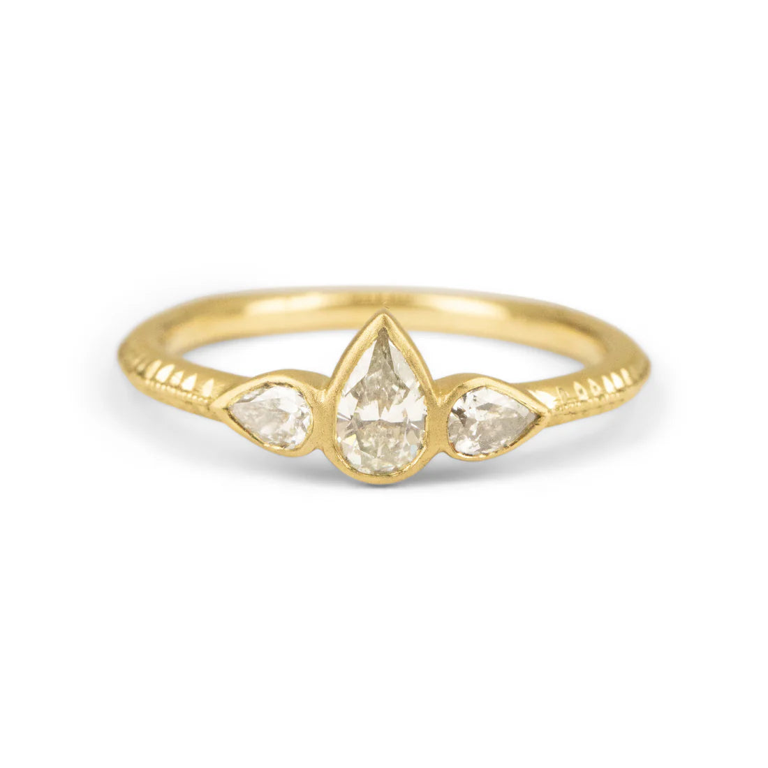 Diamond Pear Trio Engraved Bezel Ring - 18k Gold