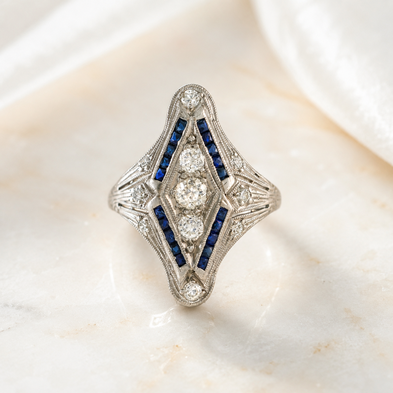 Art Deco Platinum Diamond Navette Ring - Vintage 1920s Elongated Shield Ring - 0.56ct Old Cut Diamond Ring