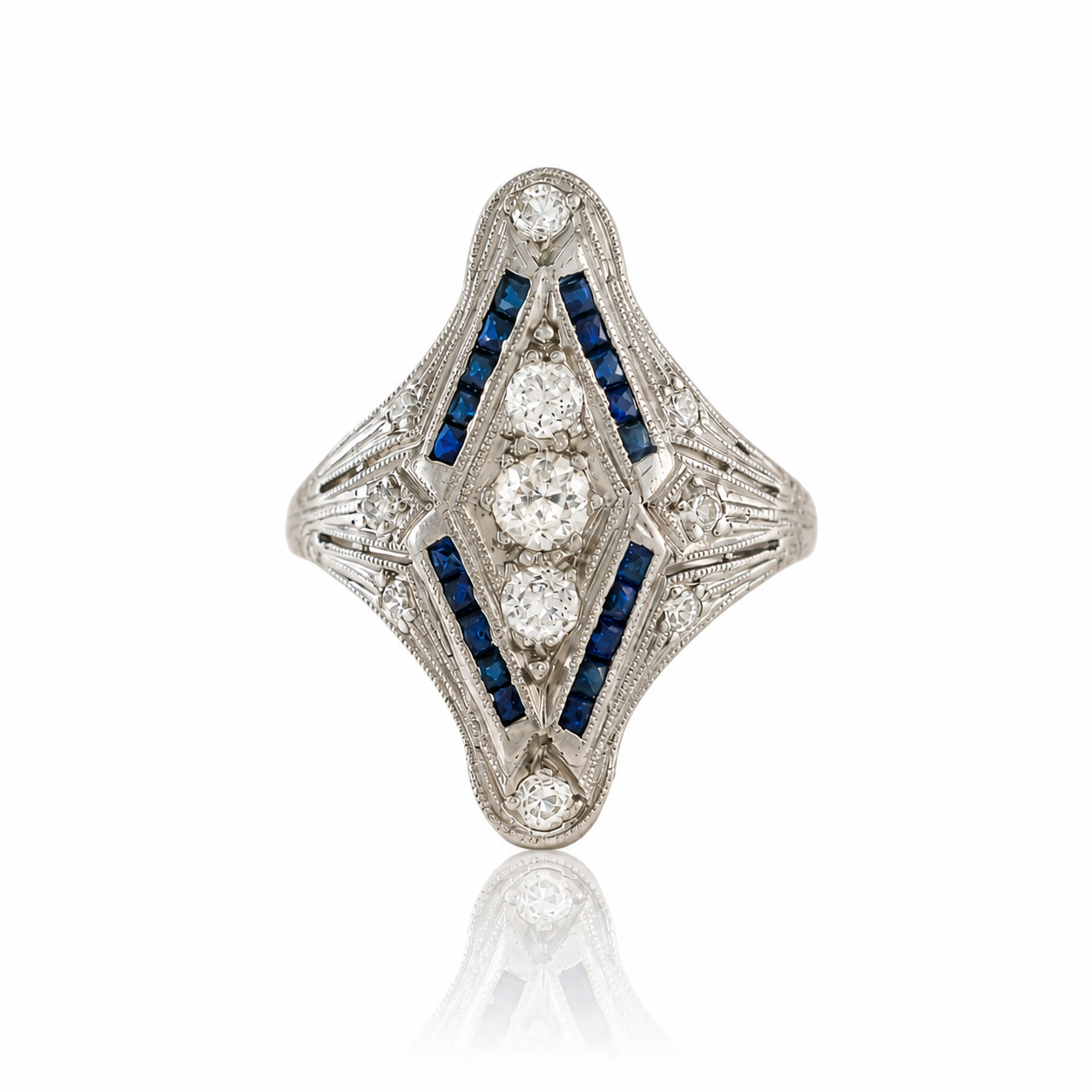 Art Deco Platinum Diamond Navette Ring - Vintage 1920s Elongated Shield Ring - 0.56ct Old Cut Diamond Ring