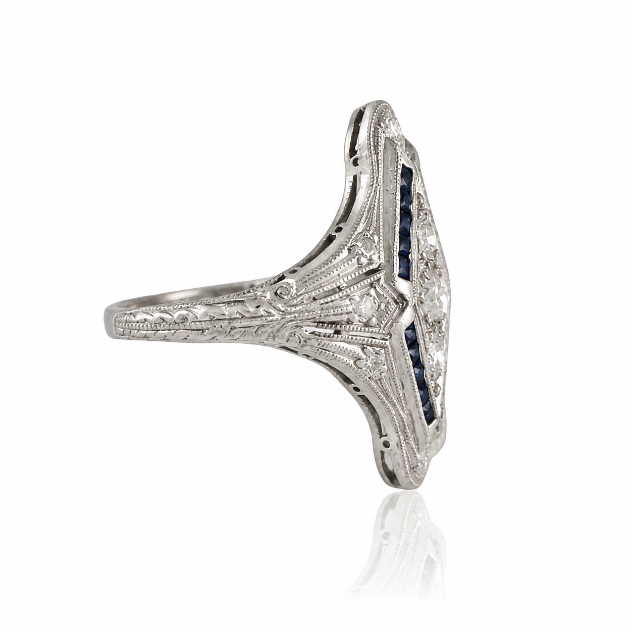 Art Deco Platinum Diamond Navette Ring - Vintage 1920s Elongated Shield Ring - 0.56ct Old Cut Diamond Ring
